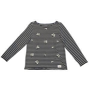 Talbot's Black Striped Embroidered Daisy Long Sleeve 100% Cotton Shirt Large